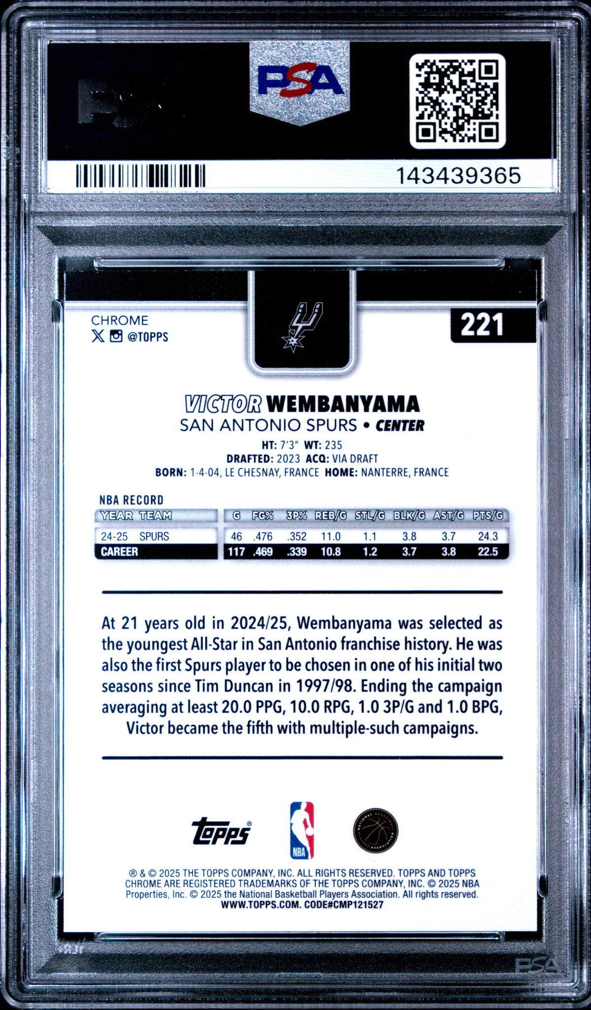 Victor Wembanyama 2025 Topps Chrome Basketball Card #221 Graded PSA 10 Cert #143439365-Powers Sports Memorabilia