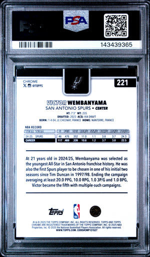 Victor Wembanyama 2025 Topps Chrome Basketball Card #221 Graded PSA 10 Cert #143439365-Powers Sports Memorabilia