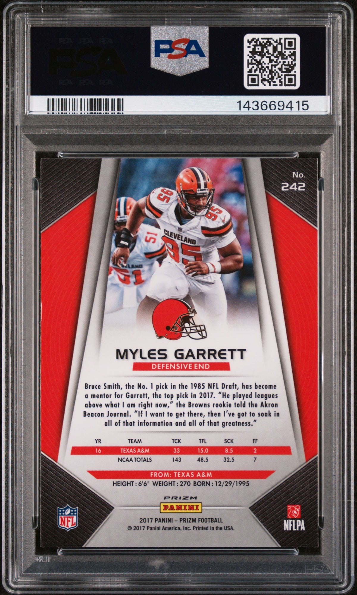 Myles Garrett 2017 Panini Prizm Football Rookie Card #242 Prizm Graded PSA 8 Cert #143669415-Powers Sports Memorabilia
