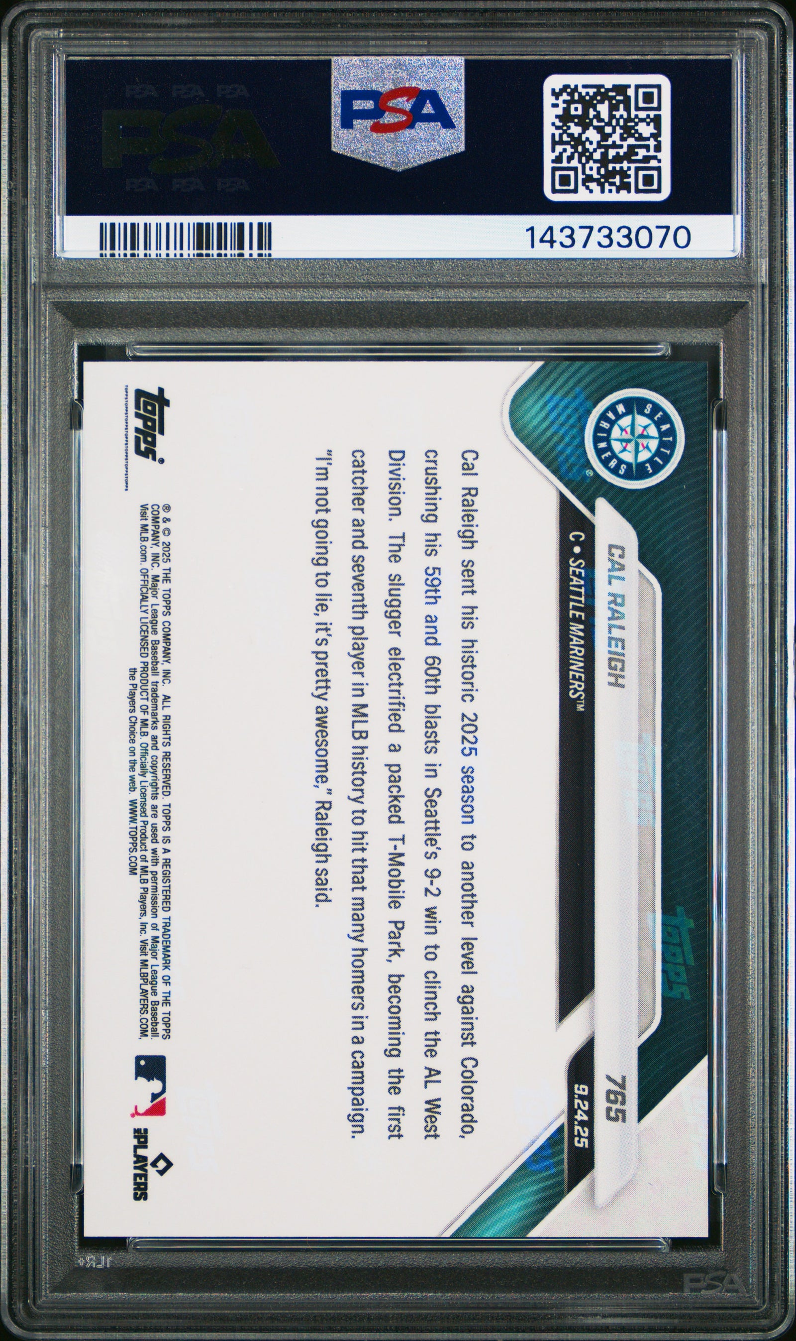 Cal Raleigh 2025 Topps Now 1st Catcher With 60 Home Runs Baseball Card #765 Graded PSA 10 Cert #143733070-Powers Sports Memorabilia