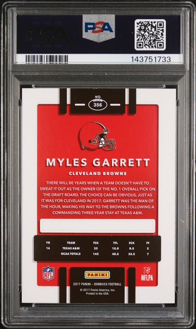 Myles Garrett 2017 Panini Donruss Cleveland Browns Football RC Rookie Card #356 Graded PSA 8 Cert #143751733