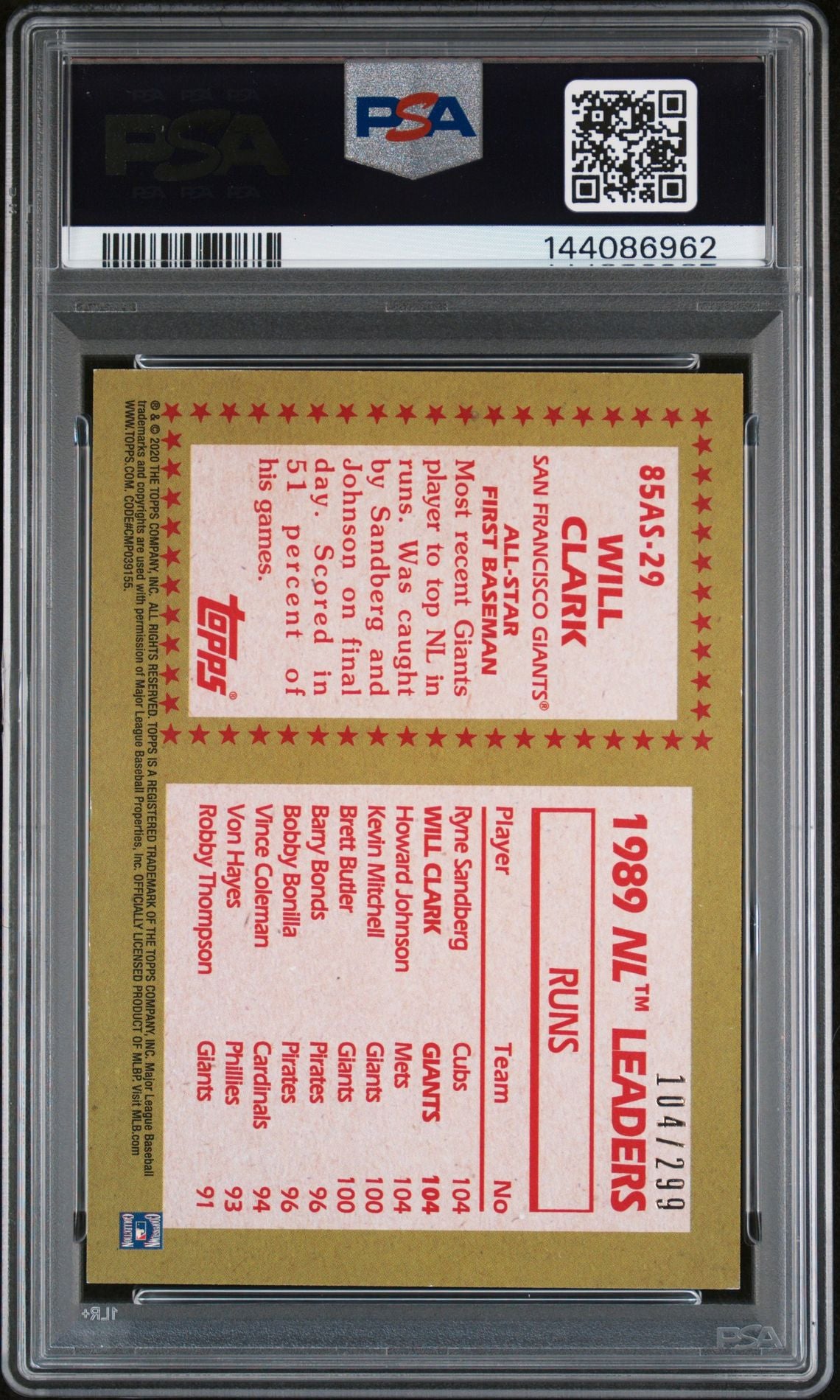 Will Clark 2020 Topps All Star Black San Francisco Giants Signed Baseball Card #85AS29 Authentic Auto Graded PSA 6 Cert #144086962 104/299-Powers Sports Memorabilia