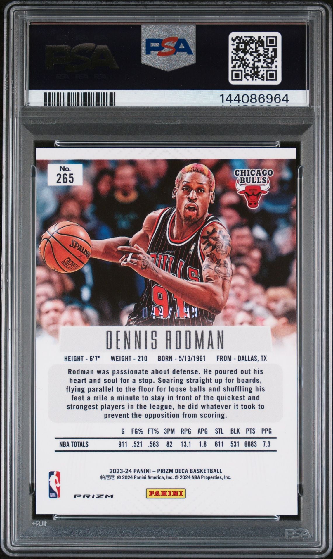 Dennis Rodman 2023 Panini Prizm Deca Red Chicago Bulls Signed Basketball Card #265 Authentic Auto Graded PSA 9 Cert #144086964 44/199-Powers Sports Memorabilia