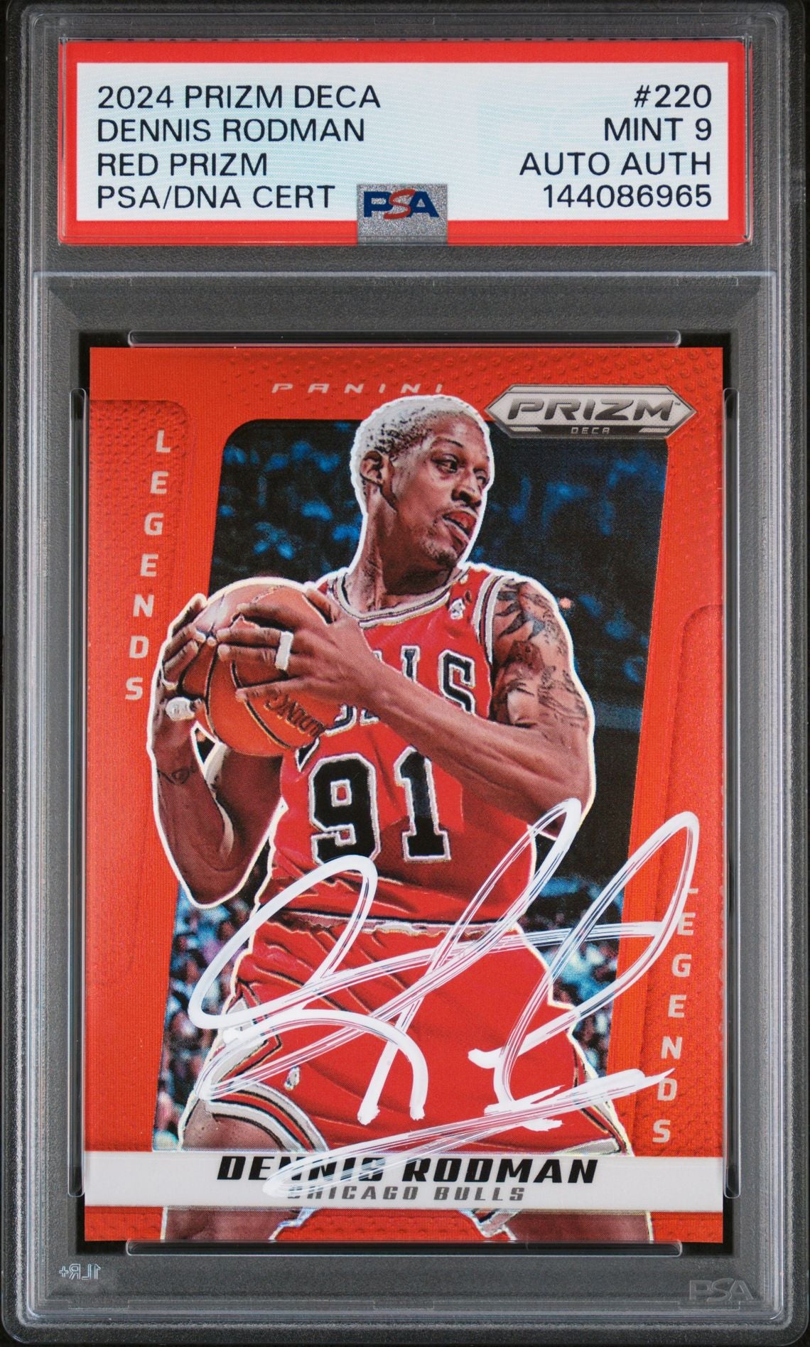 Dennis Rodman 2024 Panini Prizm Deca Red Chicago Bulls Signed Basketball Card #220 Authentic Auto Graded PSA 9 Cert #144086965 185/199-Powers Sports Memorabilia