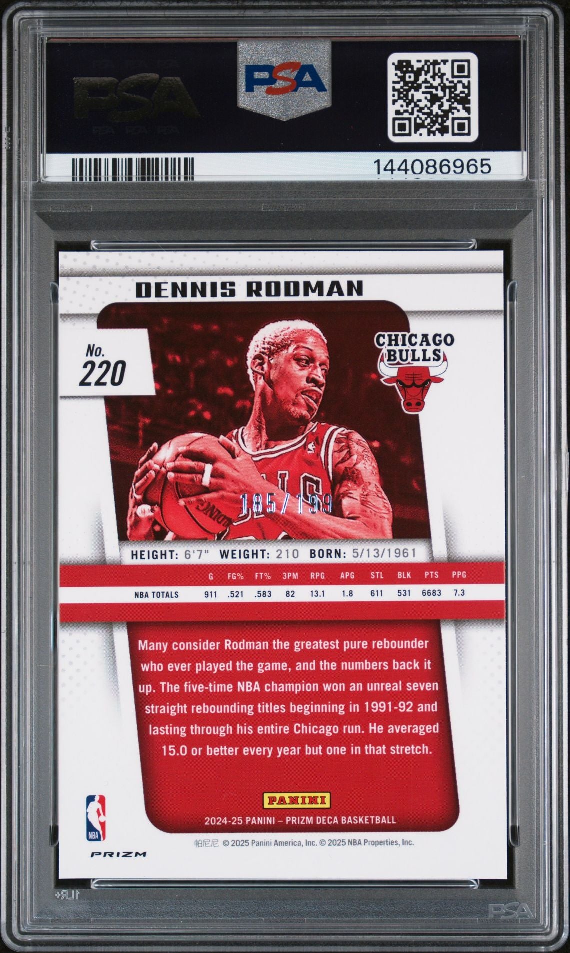 Dennis Rodman 2024 Panini Prizm Deca Red Chicago Bulls Signed Basketball Card #220 Authentic Auto Graded PSA 9 Cert #144086965 185/199-Powers Sports Memorabilia