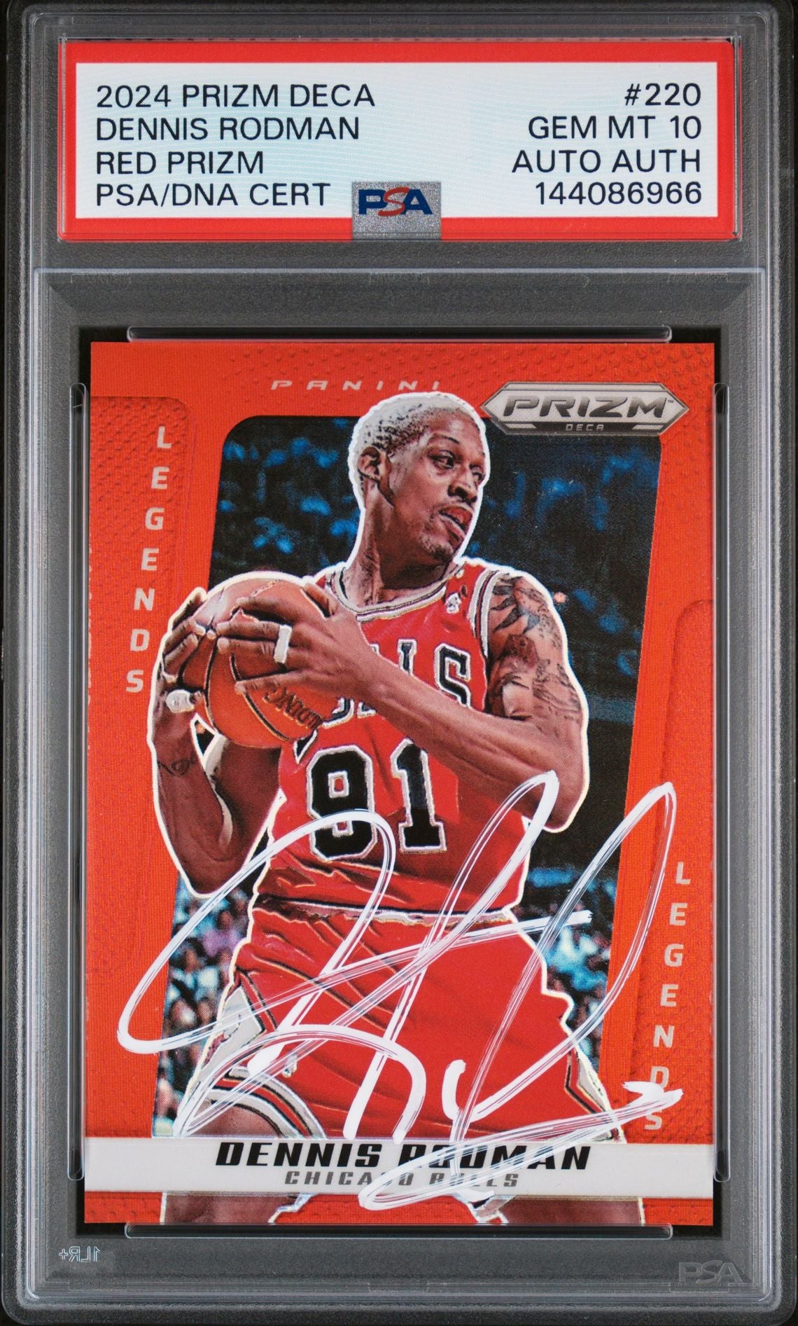 Dennis Rodman 2024 Panini Prizm Deca Red Chicago Bulls Signed Basketball Card #220 Authentic Auto Graded PSA 10 Cert #144086966 121/199-Powers Sports Memorabilia