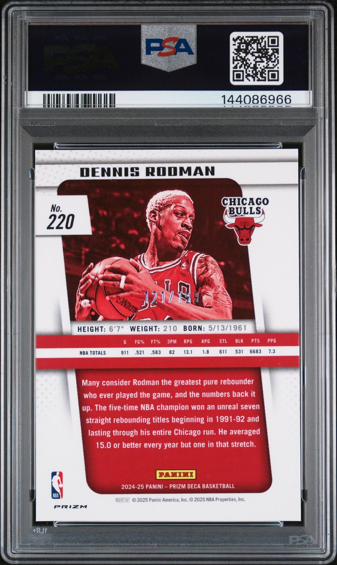 Dennis Rodman 2024 Panini Prizm Deca Red Chicago Bulls Signed Basketball Card #220 Authentic Auto Graded PSA 10 Cert #144086966 121/199-Powers Sports Memorabilia