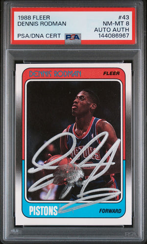 Dennis Rodman 1988 Fleer Detroit Pistons Signed Basketball Rookie Card #43 Authentic Auto Graded PSA 8 Cert #144086967-Powers Sports Memorabilia