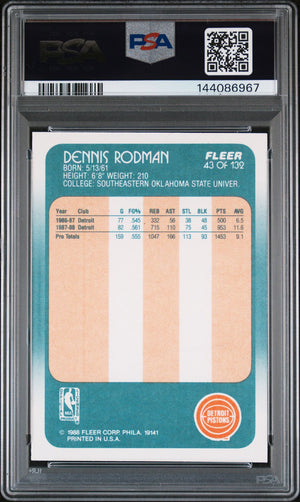 Dennis Rodman 1988 Fleer Detroit Pistons Signed Basketball Rookie Card #43 Authentic Auto Graded PSA 8 Cert #144086967-Powers Sports Memorabilia