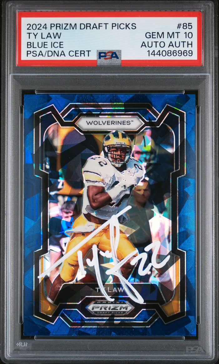 Ty Law 2024 Panini Prizm Draft Picks Michigan Wolverines Signed Football Card #85 Blue Ice Authentic Auto Graded PSA 10 Cert #144086969 72/99-Powers Sports Memorabilia