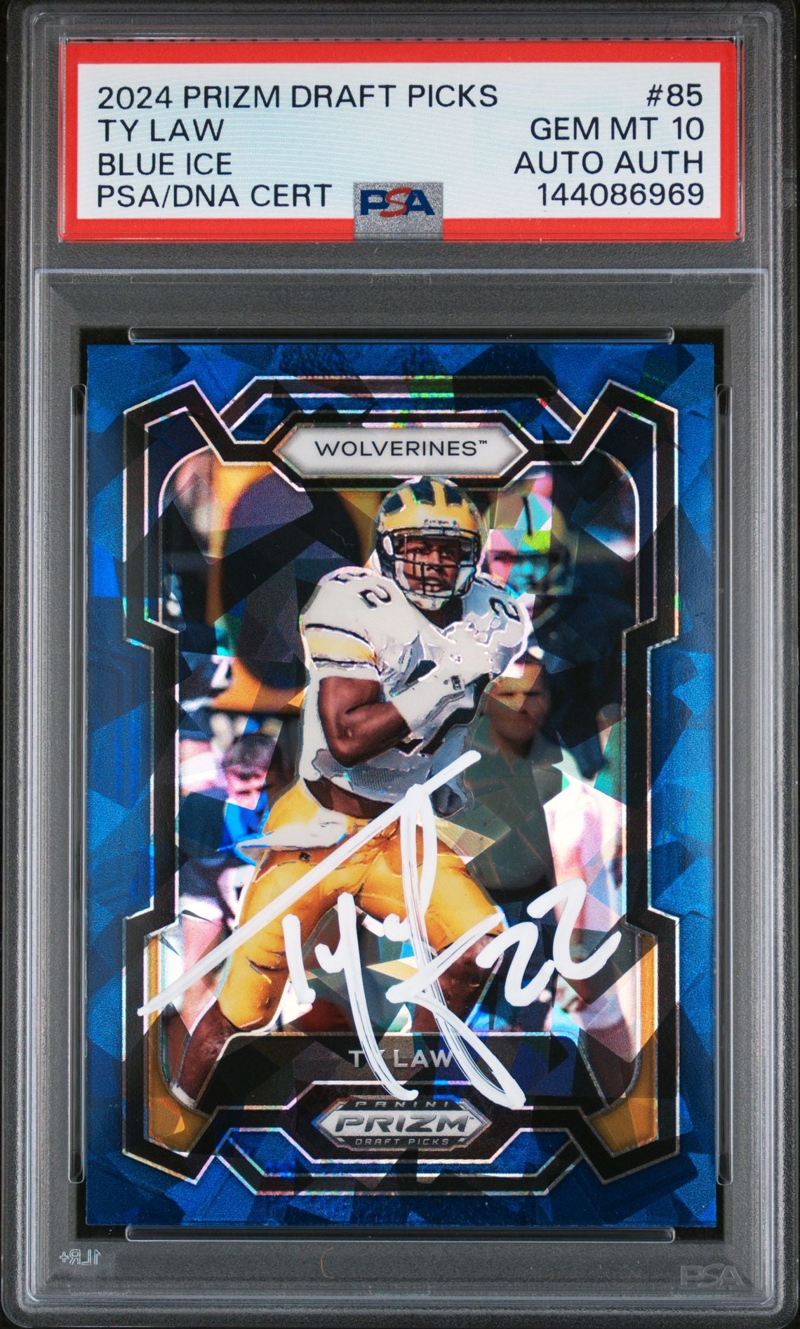 Ty Law 2024 Panini Prizm Draft Picks Michigan Wolverines Signed Football Card #85 Blue Ice Authentic Auto Graded PSA 10 Cert #144086969 72/99-Powers Sports Memorabilia