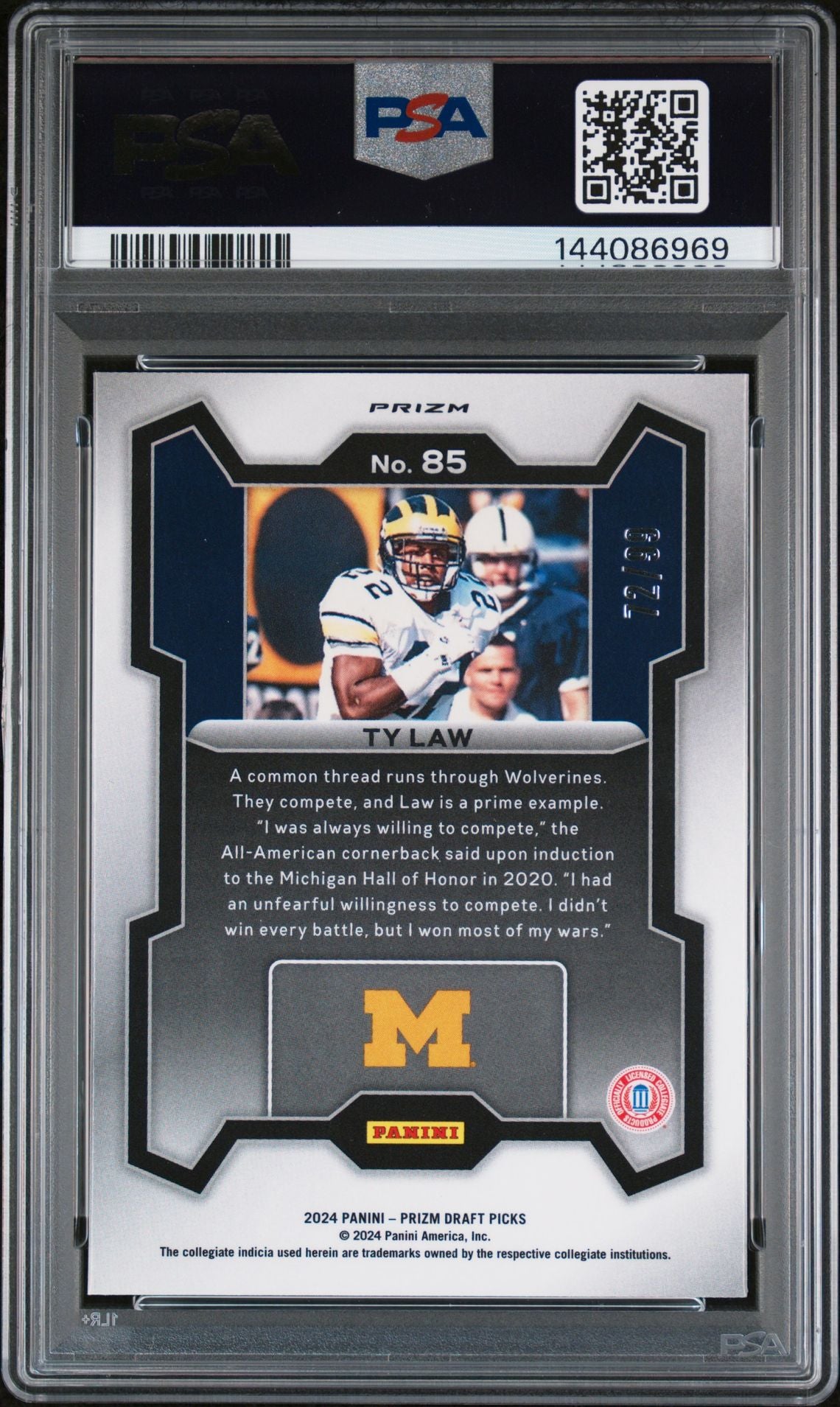 Ty Law 2024 Panini Prizm Draft Picks Michigan Wolverines Signed Football Card #85 Blue Ice Authentic Auto Graded PSA 10 Cert #144086969 72/99-Powers Sports Memorabilia