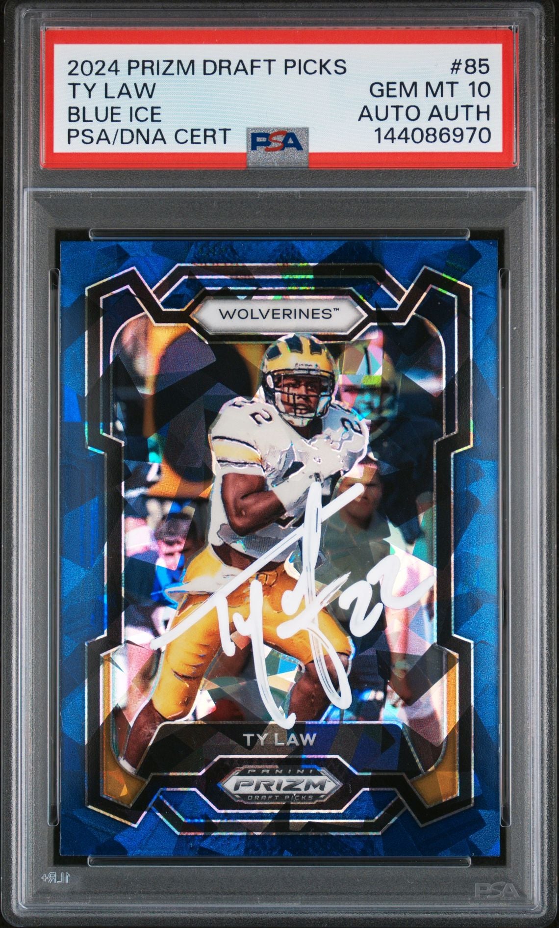 Ty Law 2024 Panini Prizm Draft Picks Michigan Wolverines Signed Football Card #85 Blue Ice Authentic Auto Graded PSA 10 Cert #144086970 8/99-Powers Sports Memorabilia