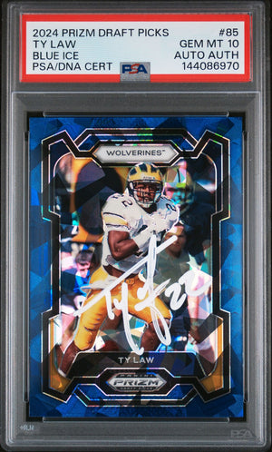 Ty Law 2024 Panini Prizm Draft Picks Michigan Wolverines Signed Football Card #85 Blue Ice Authentic Auto Graded PSA 10 Cert #144086970 8/99-Powers Sports Memorabilia