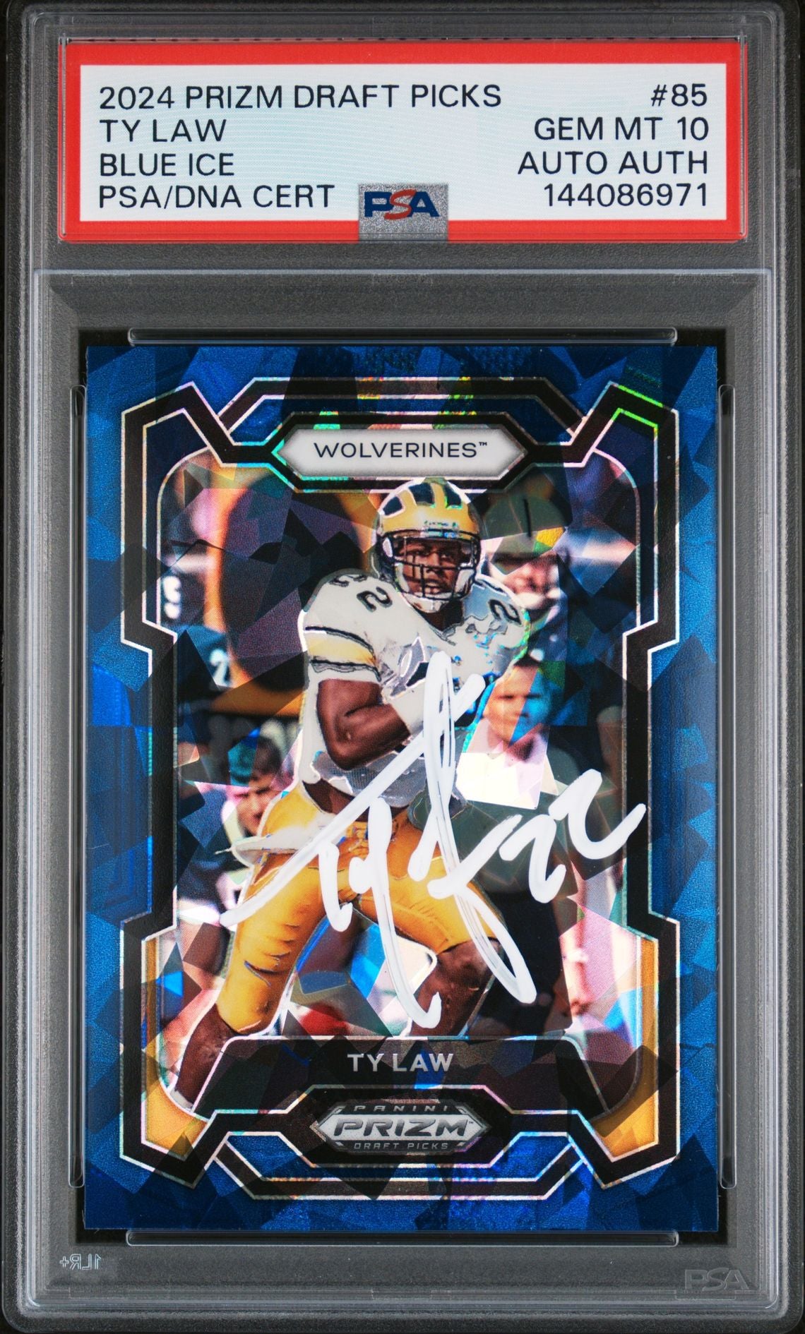 Ty Law 2024 Panini Prizm Draft Picks Michigan Wolverines Signed Football Card #85 Blue Ice Authentic Auto Graded PSA 10 Cert #144086971 59/99-Powers Sports Memorabilia