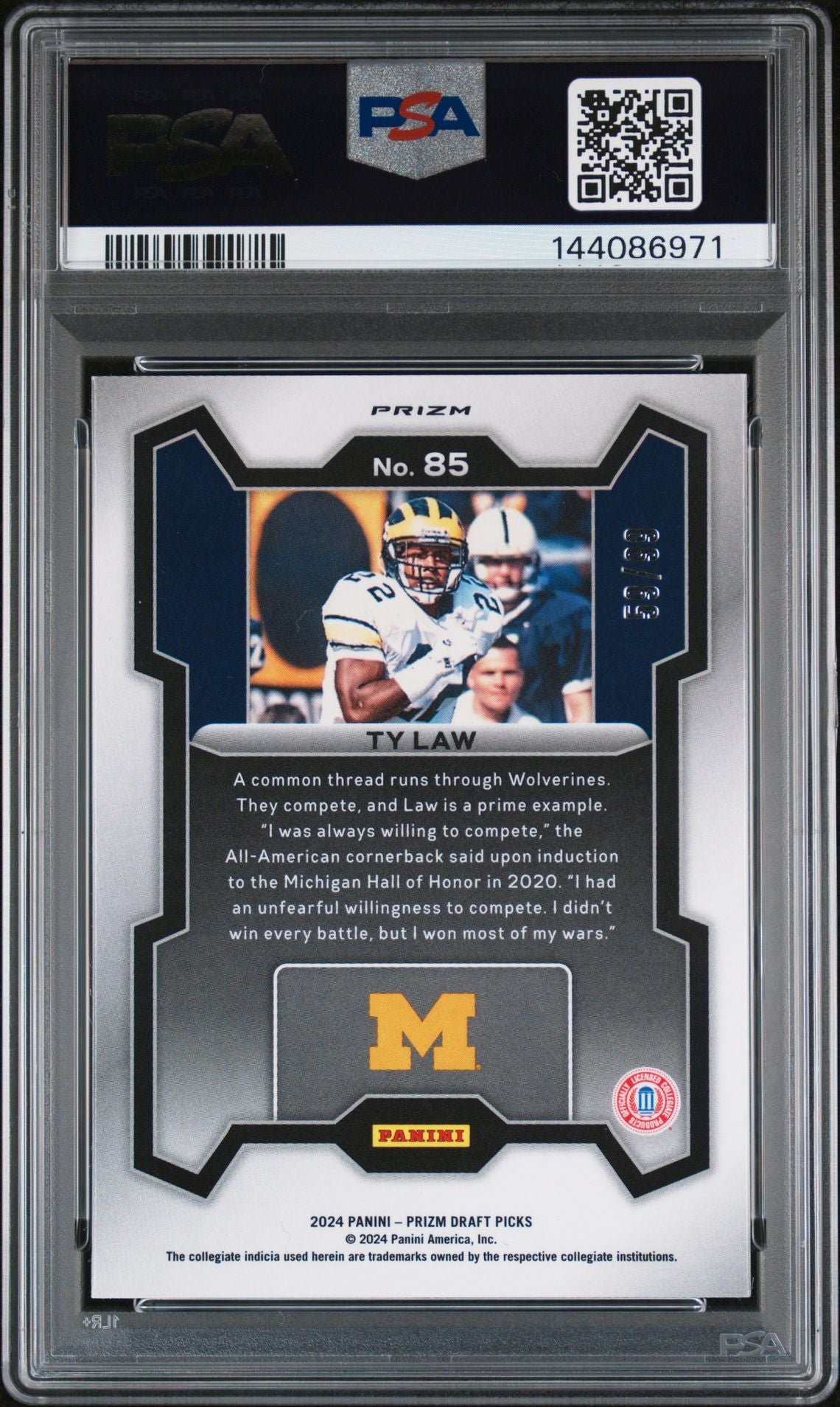 Ty Law 2024 Panini Prizm Draft Picks Michigan Wolverines Signed Football Card #85 Blue Ice Authentic Auto Graded PSA 10 Cert #144086971 59/99-Powers Sports Memorabilia
