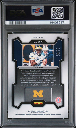 Ty Law 2024 Panini Prizm Draft Picks Michigan Wolverines Signed Football Card #85 Blue Ice Authentic Auto Graded PSA 10 Cert #144086971 59/99-Powers Sports Memorabilia
