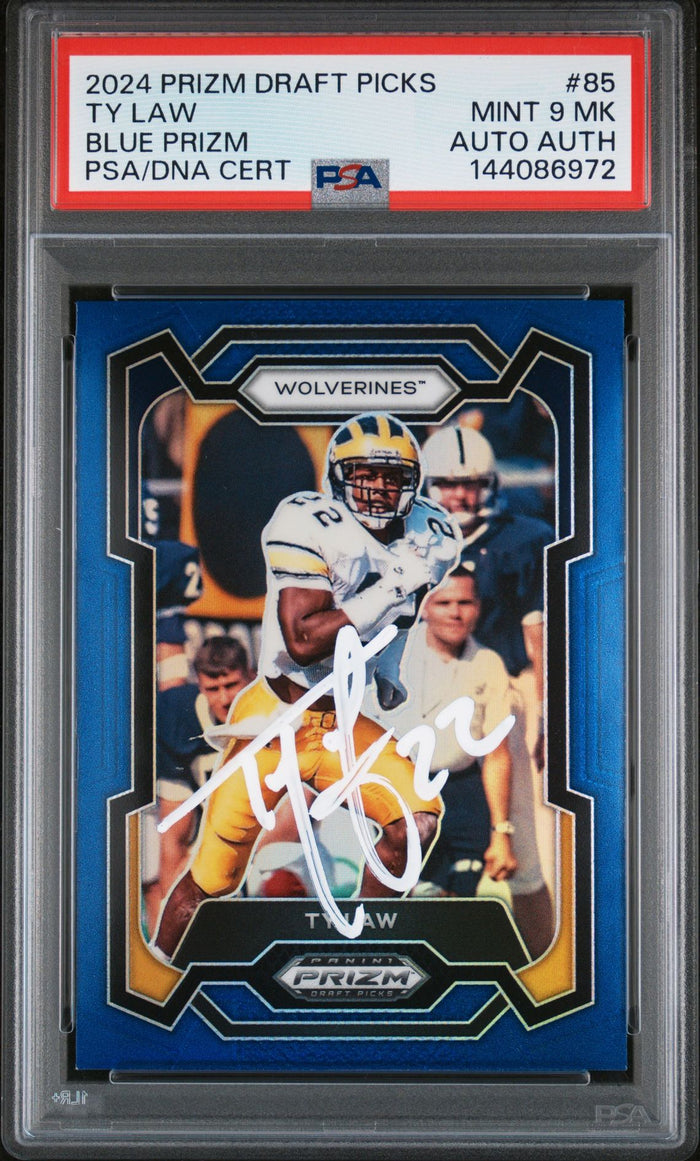 Ty Law 2024 Panini Prizm Draft Picks Michigan Wolverines Signed Football Card #85 Blue Prizm Authentic Auto Graded PSA 9 Cert #144086972 199/199-Powers Sports Memorabilia