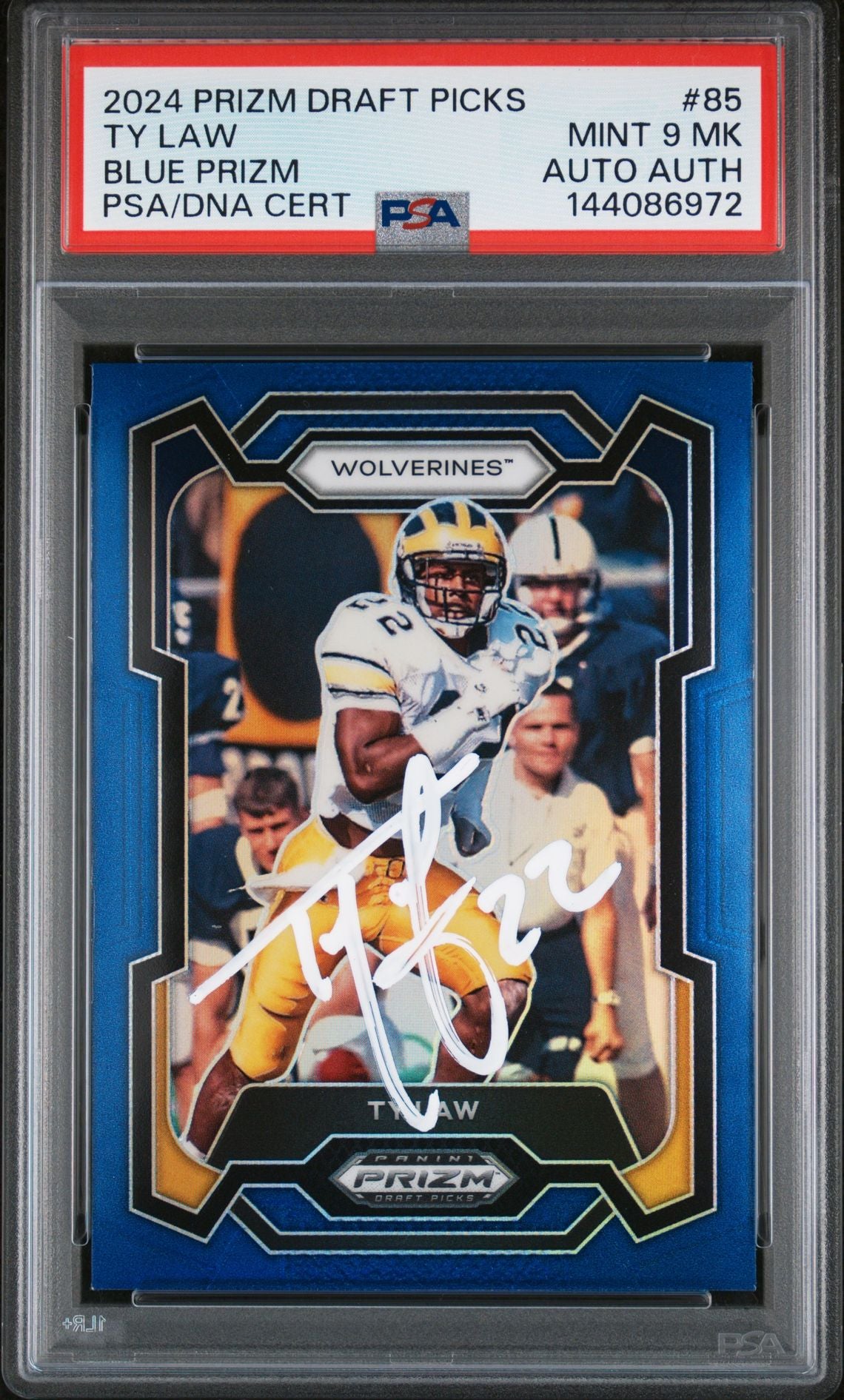 Ty Law 2024 Panini Prizm Draft Picks Michigan Wolverines Signed Football Card #85 Blue Prizm Authentic Auto Graded PSA 9 Cert #144086972 199/199-Powers Sports Memorabilia