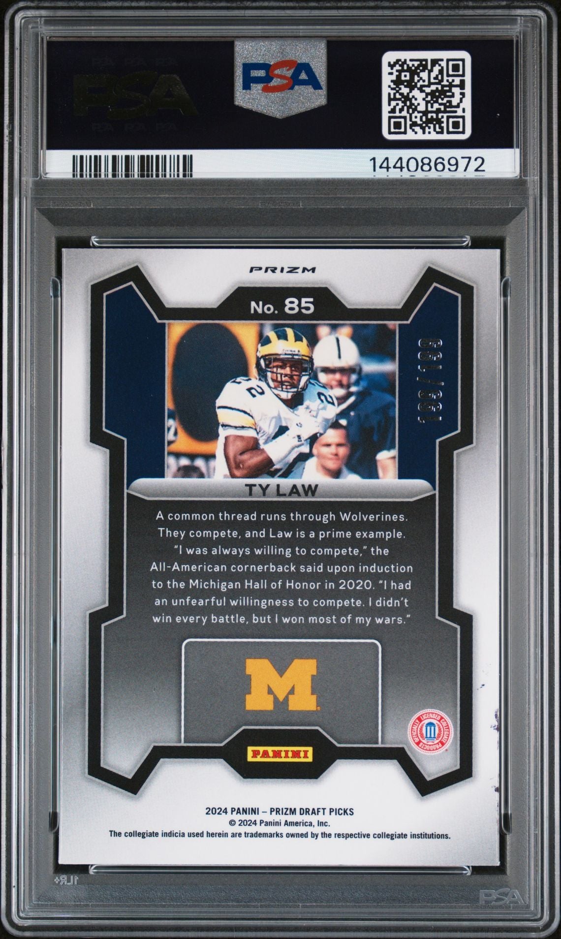Ty Law 2024 Panini Prizm Draft Picks Michigan Wolverines Signed Football Card #85 Blue Prizm Authentic Auto Graded PSA 9 Cert #144086972 199/199-Powers Sports Memorabilia