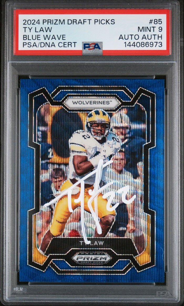 Ty Law 2024 Panini Prizm Draft Picks Michigan Wolverines Signed Football Card #85 Blue Wave Authentic Auto Graded PSA 9 Cert #144086973 244/249-Powers Sports Memorabilia