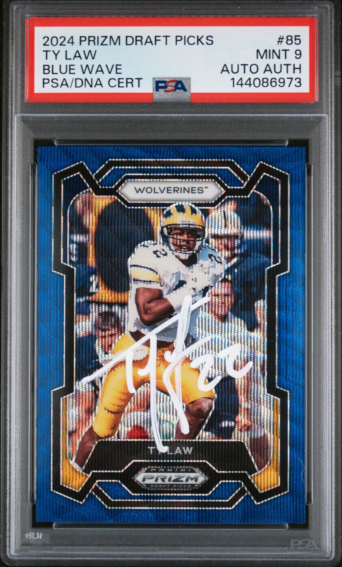 Ty Law 2024 Panini Prizm Draft Picks Michigan Wolverines Signed Football Card #85 Blue Wave Authentic Auto Graded PSA 9 Cert #144086973 244/249-Powers Sports Memorabilia