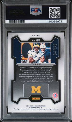 Ty Law 2024 Panini Prizm Draft Picks Michigan Wolverines Signed Football Card #85 Blue Wave Authentic Auto Graded PSA 9 Cert #144086973 244/249-Powers Sports Memorabilia