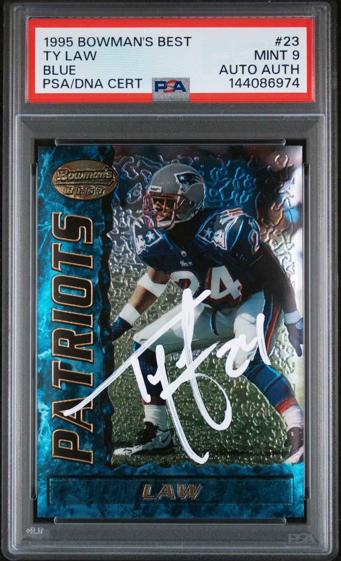 Ty Law 1995 Bowman's Best Blue New England Patriots Signed Football RC Rookie Card #23 Authentic Auto Graded PSA 9 Cert #144086974-Powers Sports Memorabilia
