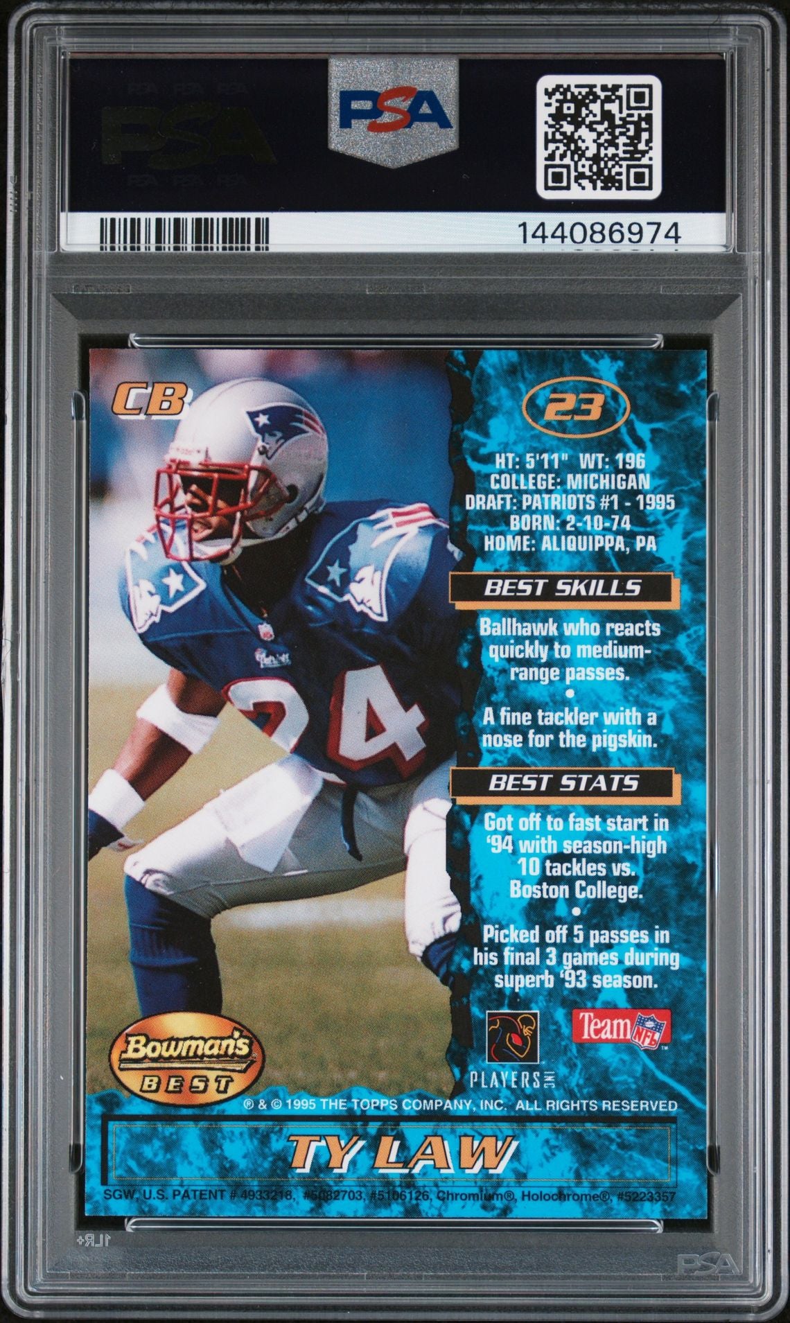 Ty Law 1995 Bowman's Best Blue New England Patriots Signed Football RC Rookie Card #23 Authentic Auto Graded PSA 9 Cert #144086974-Powers Sports Memorabilia