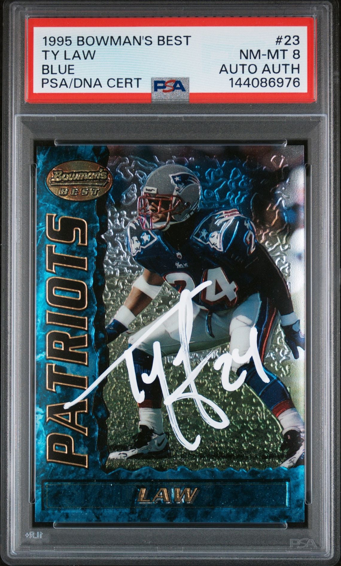Ty Law 1995 Bowman's Best Blue New England Patriots Signed Football RC Rookie Card #23 Authentic Auto Graded PSA 8 Cert #144086976-Powers Sports Memorabilia