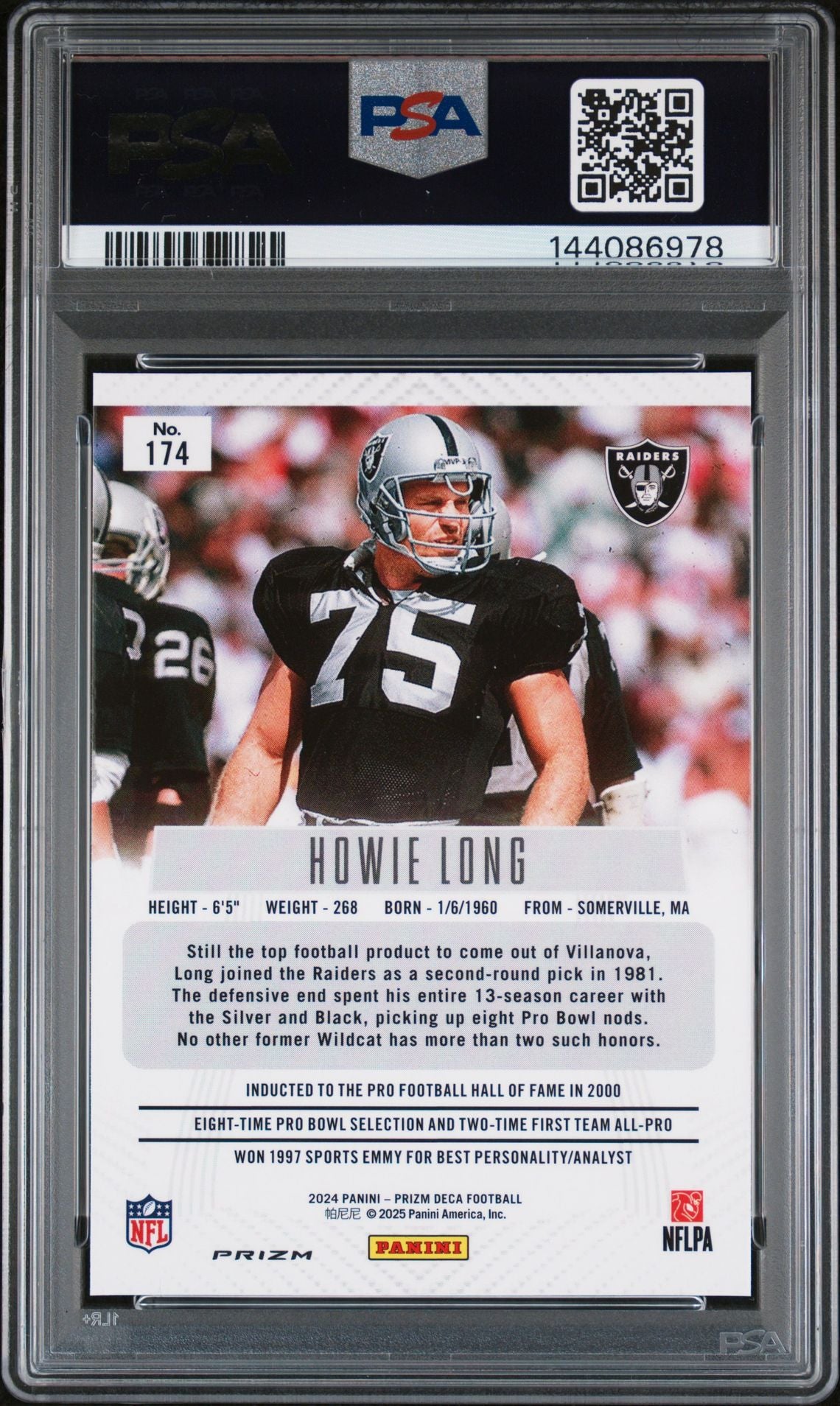 Howie Long 2024 Panini Prizm Deca Silver Oakland Raiders Signed Football Card #174 Authentic Auto Graded PSA 10 Cert #144086978-Powers Sports Memorabilia