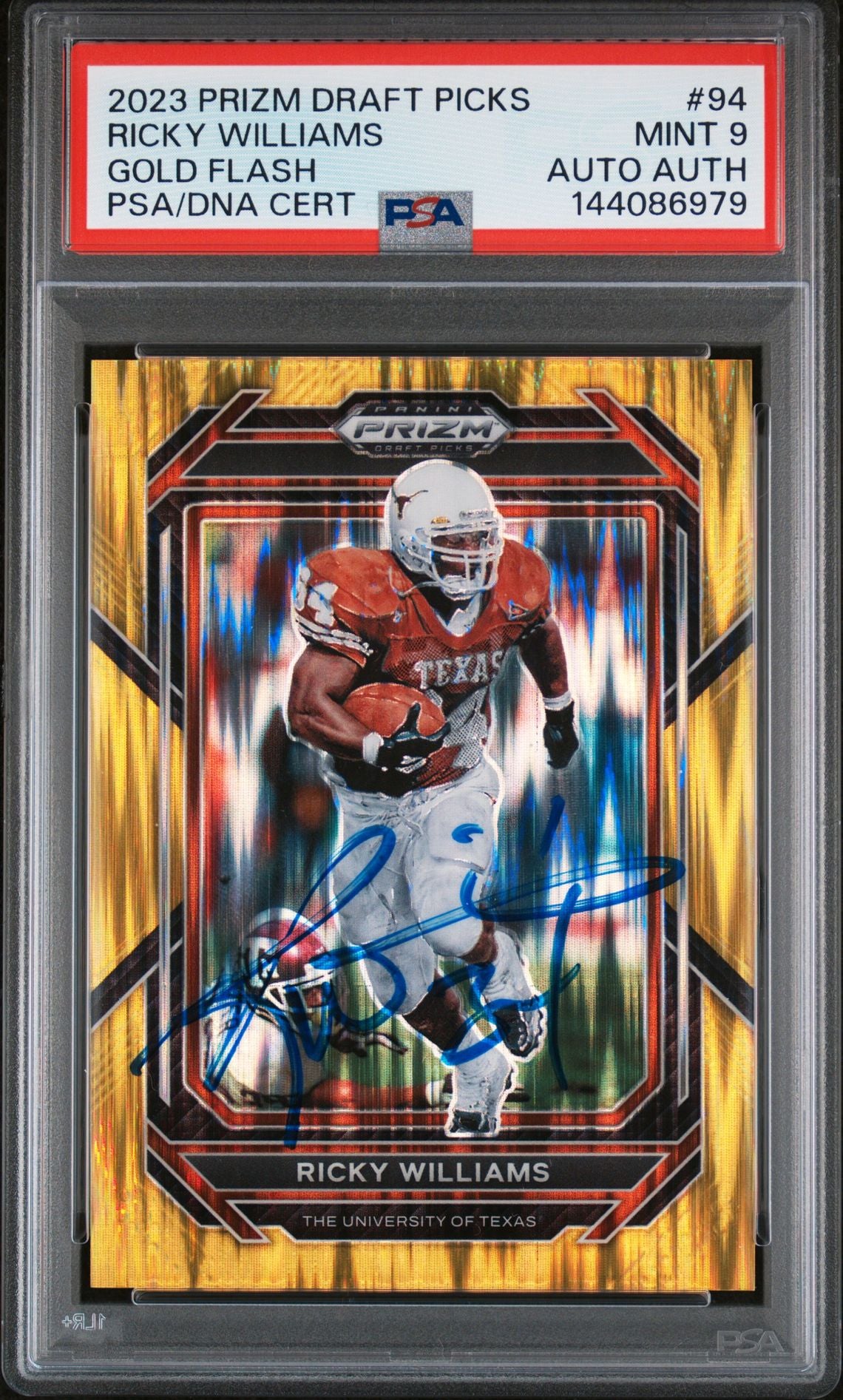 Ricky Williams 2023 Panini Prizm Draft Picks Texas Longhorns Signed Football Card #94 Gold Flash Authentic Auto Graded PSA 9 Cert #144086979 41/49-Powers Sports Memorabilia
