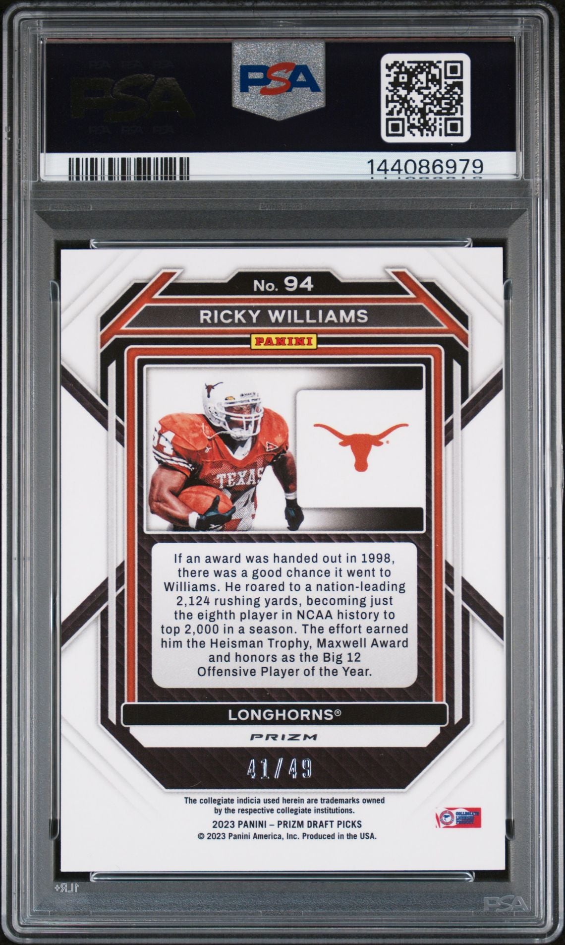 Ricky Williams 2023 Panini Prizm Draft Picks Texas Longhorns Signed Football Card #94 Gold Flash Authentic Auto Graded PSA 9 Cert #144086979 41/49-Powers Sports Memorabilia