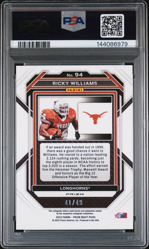 Ricky Williams 2023 Panini Prizm Draft Picks Texas Longhorns Signed Football Card #94 Gold Flash Authentic Auto Graded PSA 9 Cert #144086979 41/49-Powers Sports Memorabilia
