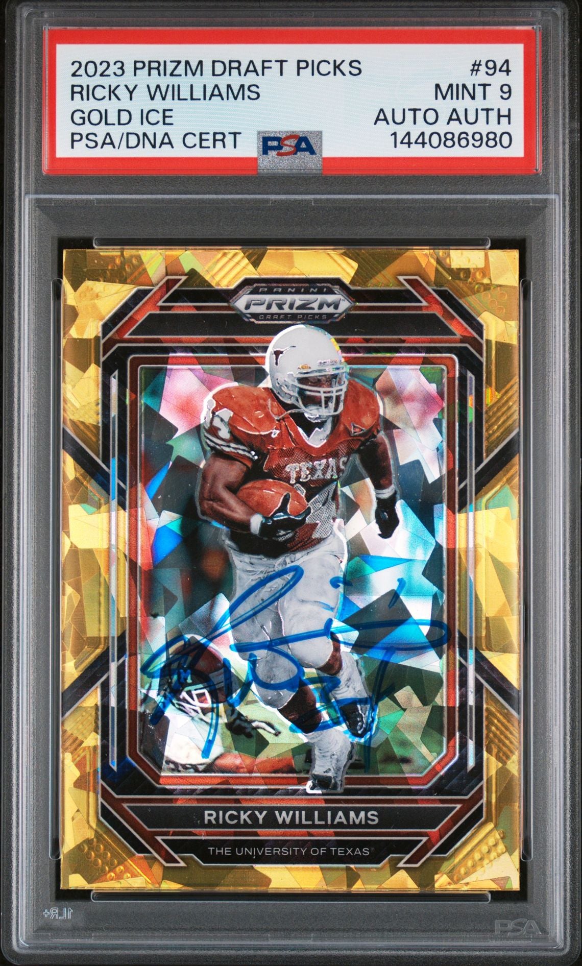 Ricky Williams 2023 Panini Prizm Draft Picks Texas Longhorns Signed Football Card #94 Gold Ice Authentic Auto Graded PSA 9 Cert #144086980-Powers Sports Memorabilia