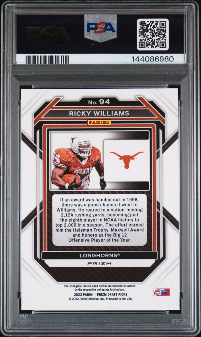 Ricky Williams 2023 Panini Prizm Draft Picks Texas Longhorns Signed Football Card #94 Gold Ice Authentic Auto Graded PSA 9 Cert #144086980-Powers Sports Memorabilia