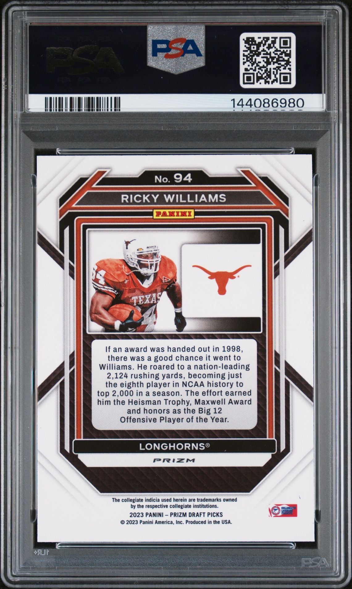 Ricky Williams 2023 Panini Prizm Draft Picks Texas Longhorns Signed Football Card #94 Gold Ice Authentic Auto Graded PSA 9 Cert #144086980-Powers Sports Memorabilia
