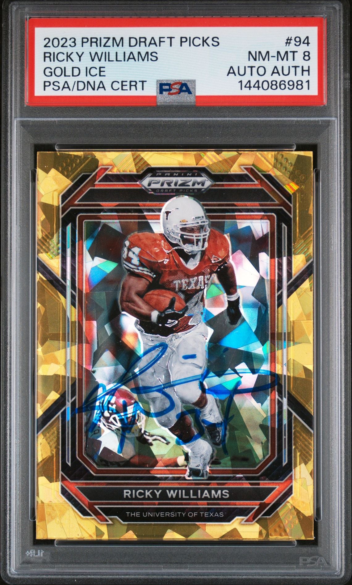 Ricky Williams 2023 Panini Prizm Draft Picks Texas Longhorns Signed Football Card #94 Gold Ice Authentic Auto Graded PSA 8 Cert #144086981-Powers Sports Memorabilia