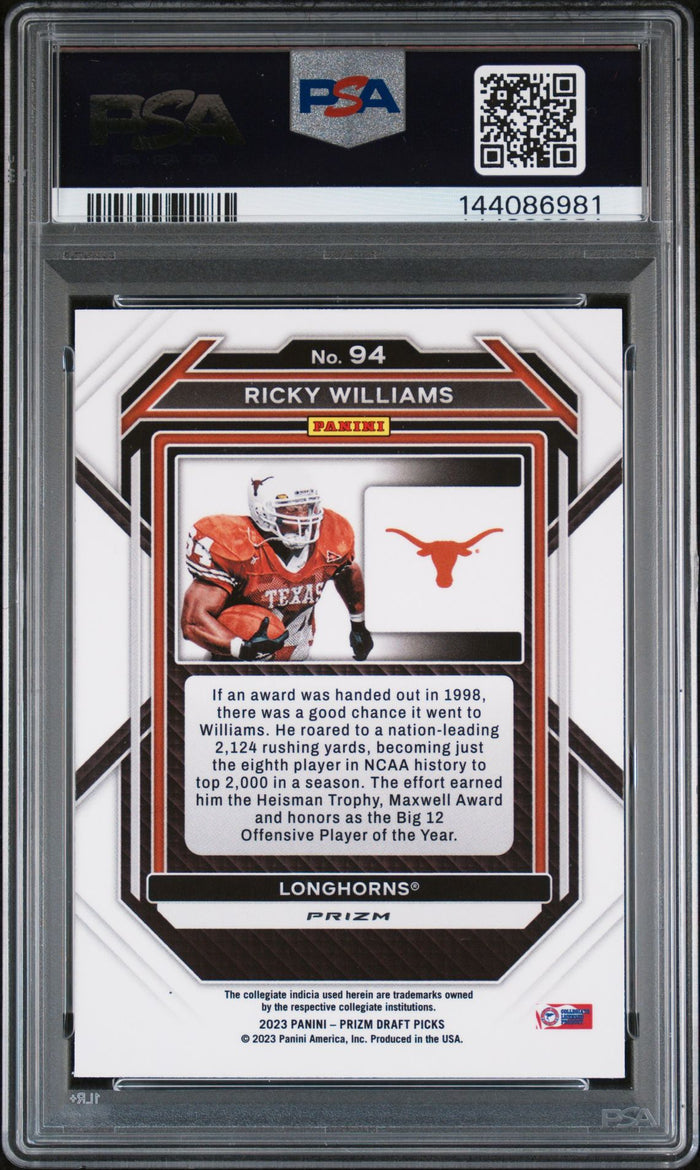 Ricky Williams 2023 Panini Prizm Draft Picks Texas Longhorns Signed Football Card #94 Gold Ice Authentic Auto Graded PSA 8 Cert #144086981-Powers Sports Memorabilia