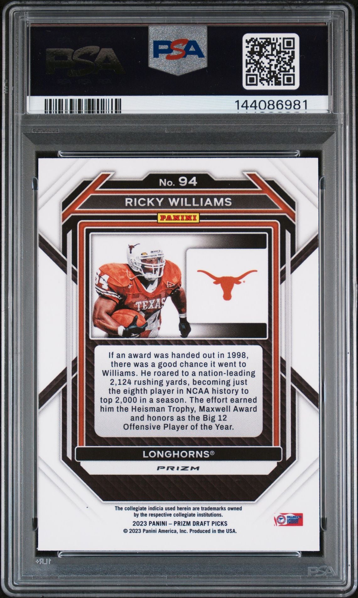 Ricky Williams 2023 Panini Prizm Draft Picks Texas Longhorns Signed Football Card #94 Gold Ice Authentic Auto Graded PSA 8 Cert #144086981-Powers Sports Memorabilia