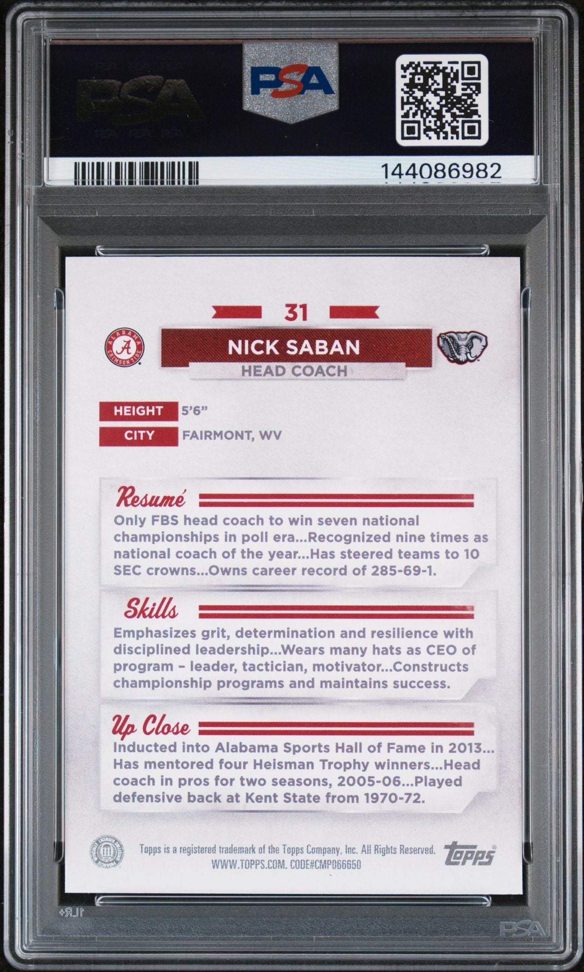 Nick Saban 2023 Bowman U Alabama Crimson Tide Rainbow Signed Football Card #31 Authentic Auto Graded PSA 9 Cert #144086982-Powers Sports Memorabilia