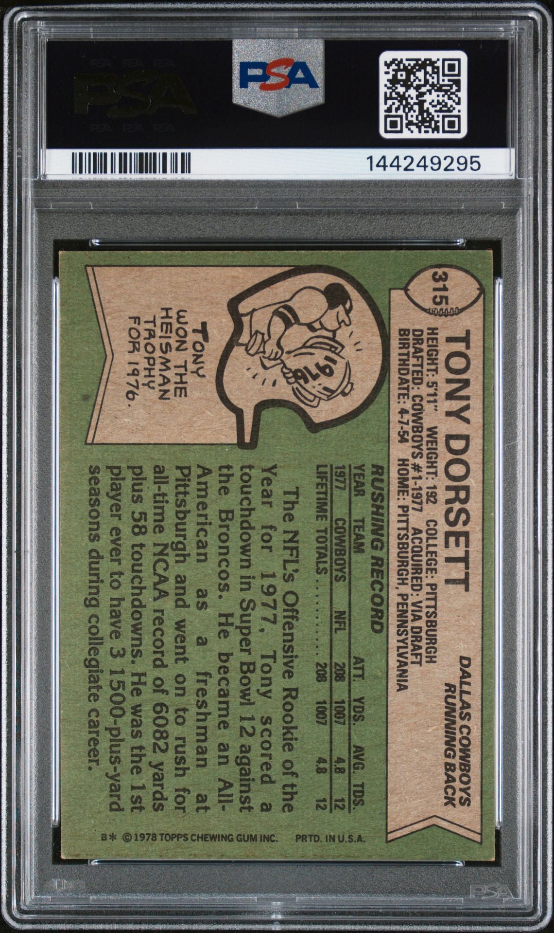 Tony Dorsett 1978 Topps Dallas Cowboys Signed Football RC Rookie Card #315 Graded PSA 5 Auto 9 Cert #144249295-Powers Sports Memorabilia