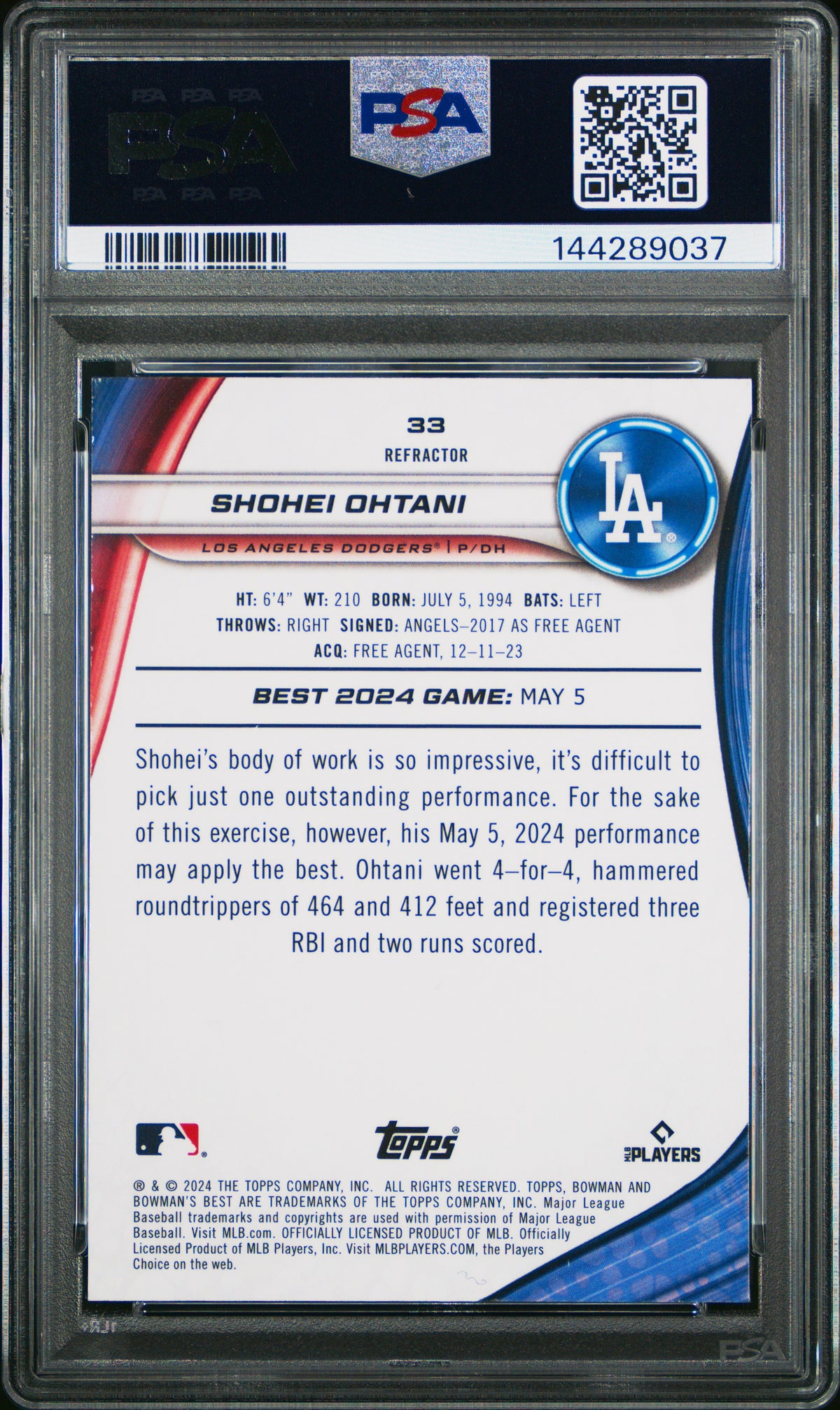 Shohei Ohtani 2024 Bowmans Best Refractor Baseball Card #33 Graded PSA 10 Cert #144289037-Powers Sports Memorabilia