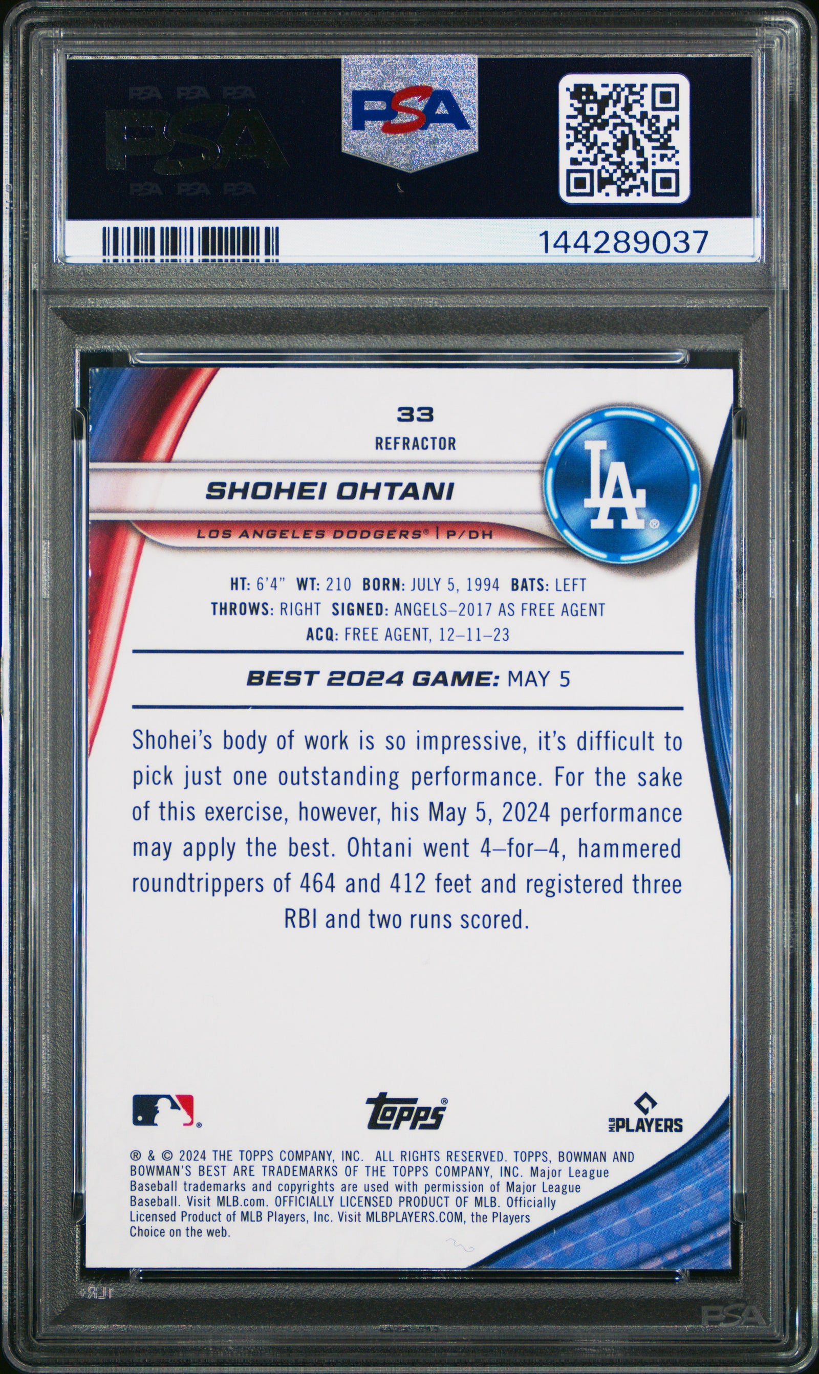 Shohei Ohtani 2024 Bowmans Best Refractor Baseball Card #33 Graded PSA 10 Cert #144289037-Powers Sports Memorabilia