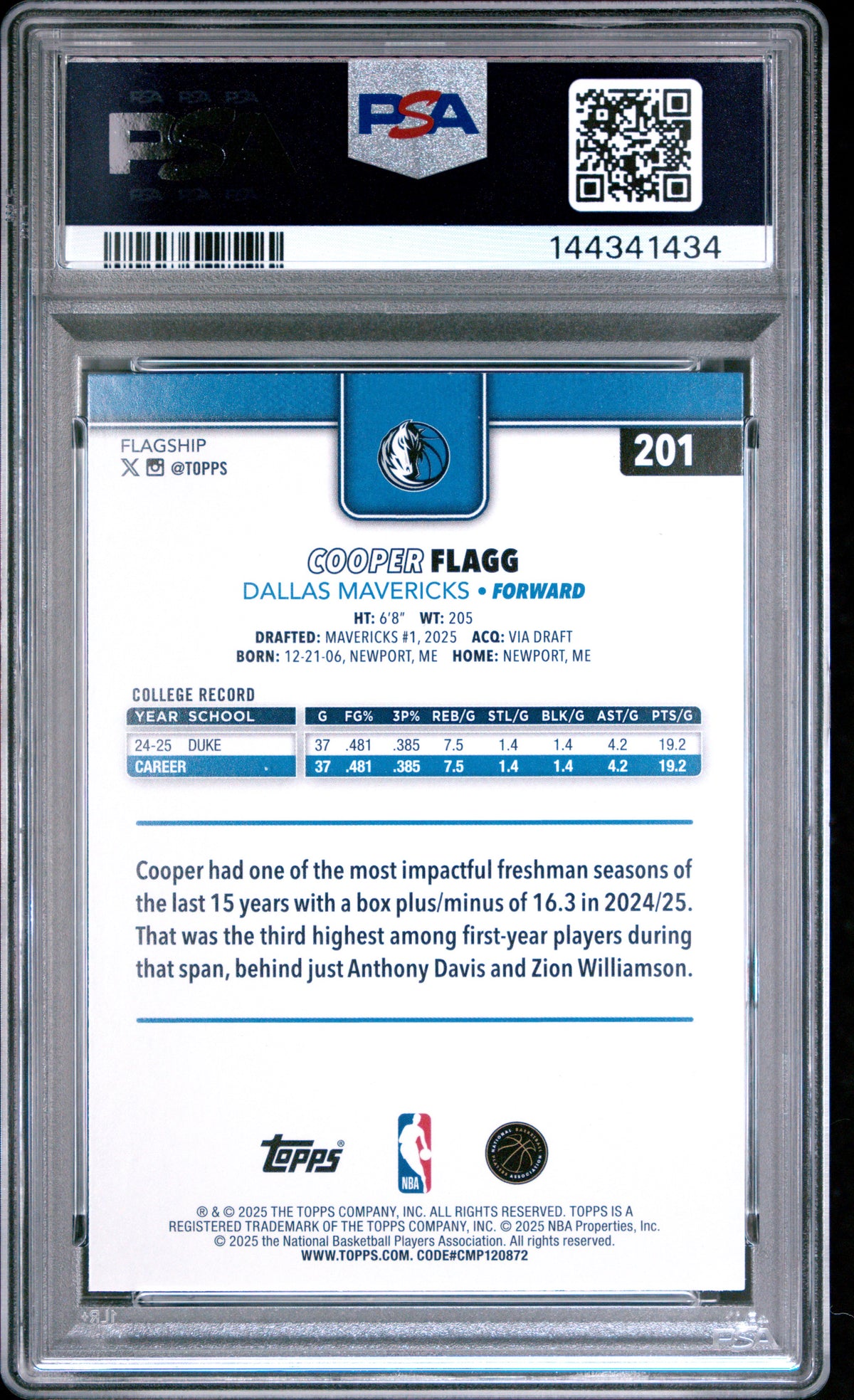 Cooper Flagg 2025 Topps Basketball Rookie Card #201 Graded PSA 10 Cert #144341434-Powers Sports Memorabilia