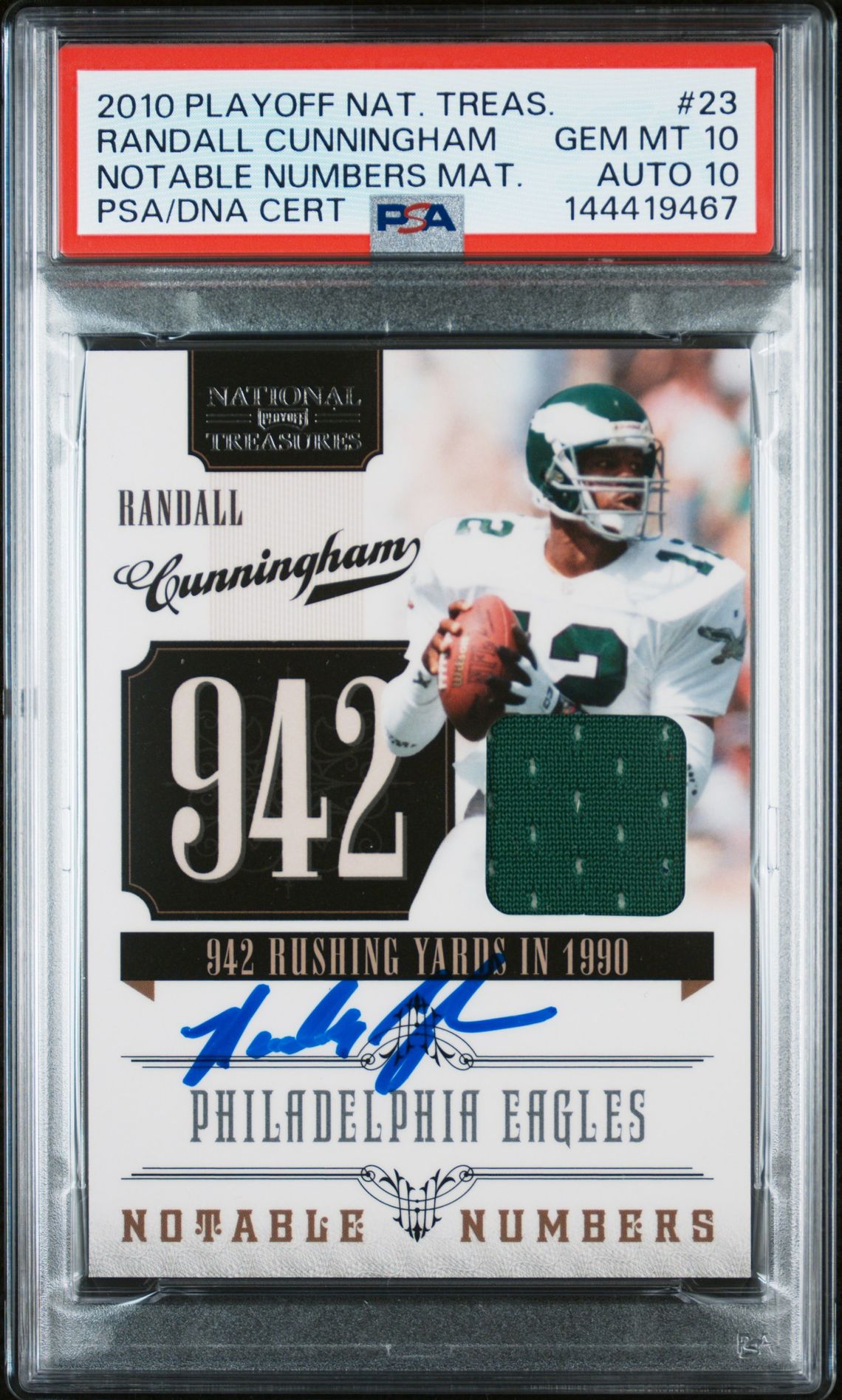 Randall Cunningham 2010 Playoff National Treasures Notable Numbers Materials Philadelphia Eagles Signed Football Jersey Game Worn Card #23 Graded PSA 10 Auto 10 Serial 45/99 Cert #144419467-Powers Sports Memorabilia