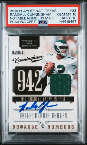 Randall Cunningham 2010 Playoff National Treasures Notable Numbers Materials Philadelphia Eagles Signed Football Jersey Game Worn Card #23 Graded PSA 10 Auto 10 Serial 45/99 Cert #144419467-Powers Sports Memorabilia