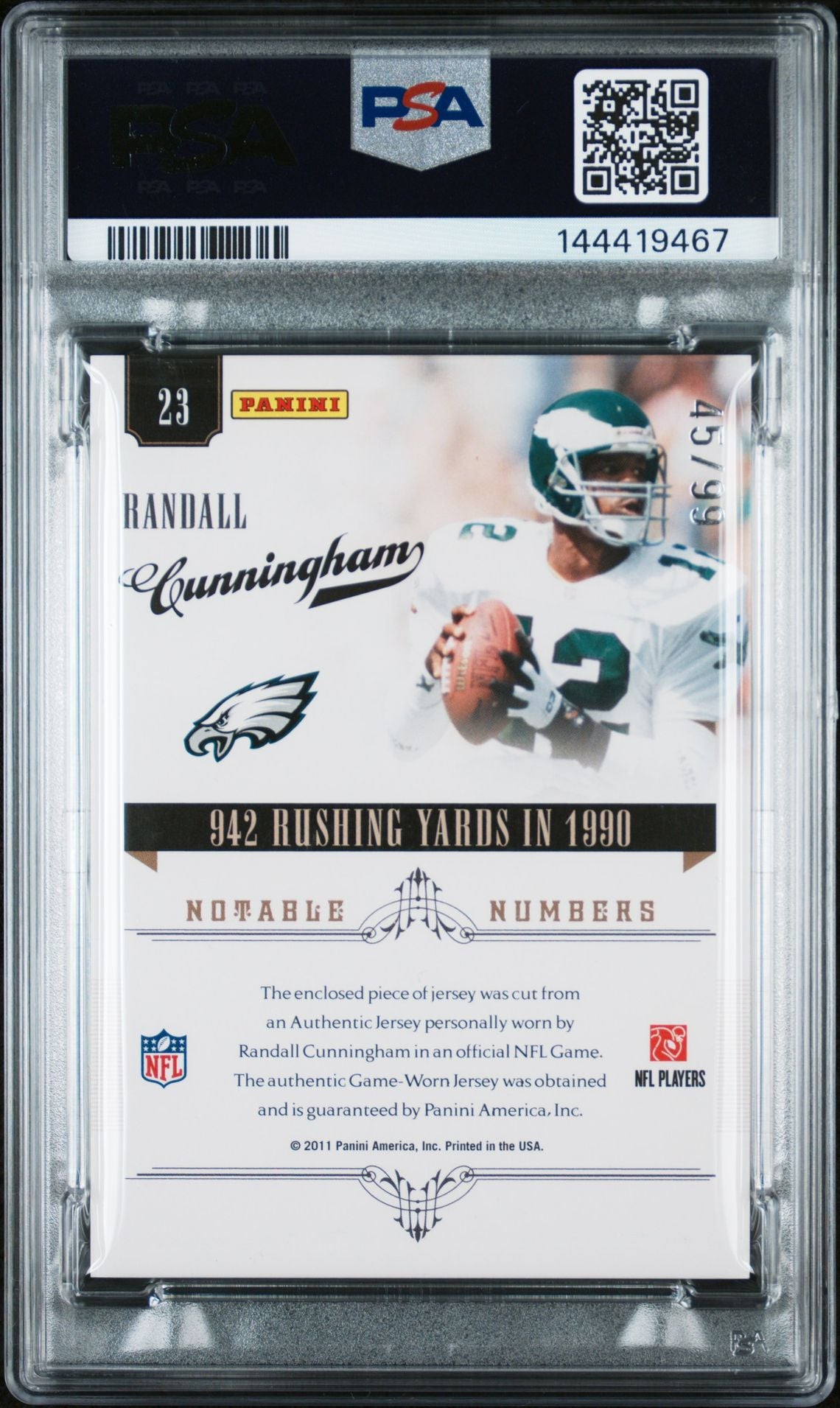 Randall Cunningham 2010 Playoff National Treasures Notable Numbers Materials Philadelphia Eagles Signed Football Jersey Game Worn Card #23 Graded PSA 10 Auto 10 Serial 45/99 Cert #144419467-Powers Sports Memorabilia