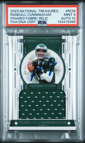 Randall Cunningham 2023 National Treasures Framed Fabric Relic Philadelphia Eagles Signed Football Jersey Used Card #RCM Graded PSA 9 Auto 10 Serial 23/49 Cert #144419468-Powers Sports Memorabilia