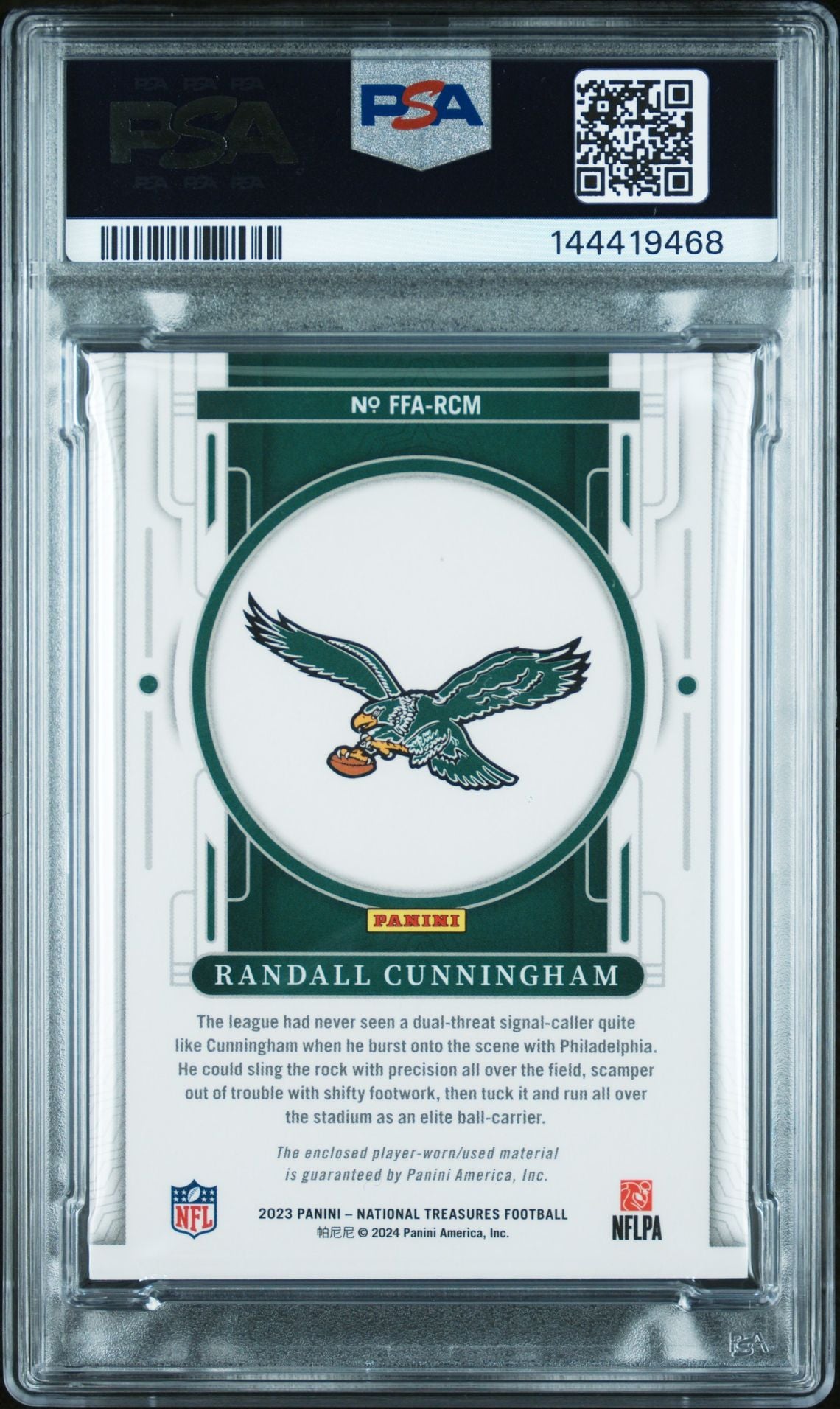 Randall Cunningham 2023 National Treasures Framed Fabric Relic Philadelphia Eagles Signed Football Jersey Used Card #RCM Graded PSA 9 Auto 10 Serial 23/49 Cert #144419468-Powers Sports Memorabilia